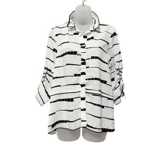 Ali Miles Womens Blouse PS Black White Button Front 3/4 Ruched Sleeve Top Artsy
